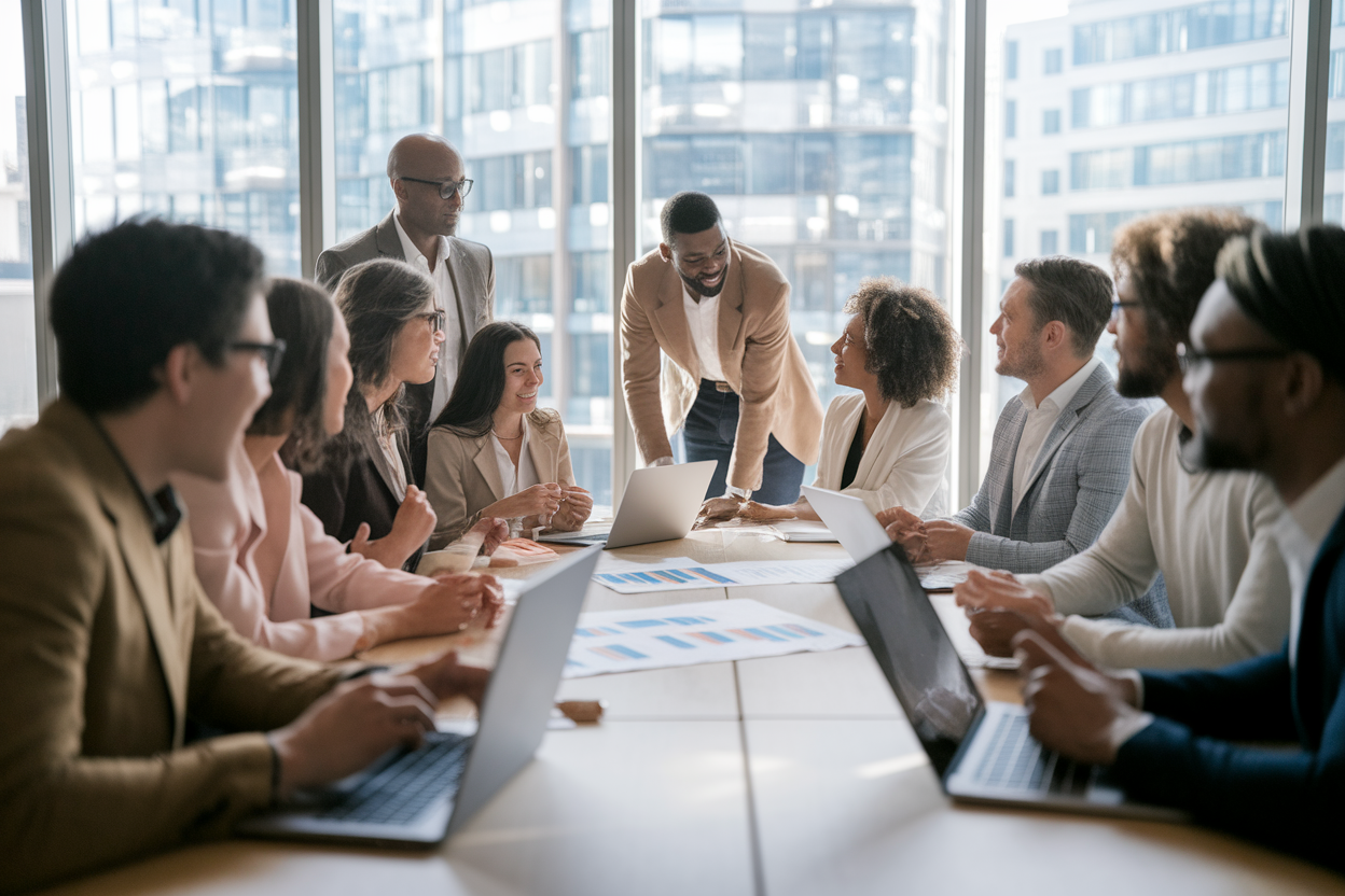 groupe-divers-collaboration-bureau-vue-ville