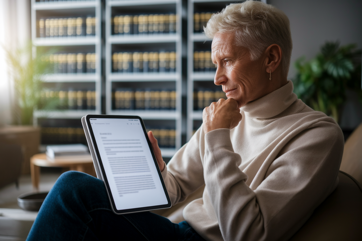 personne-mature-salon-tablette-livres-juridiques